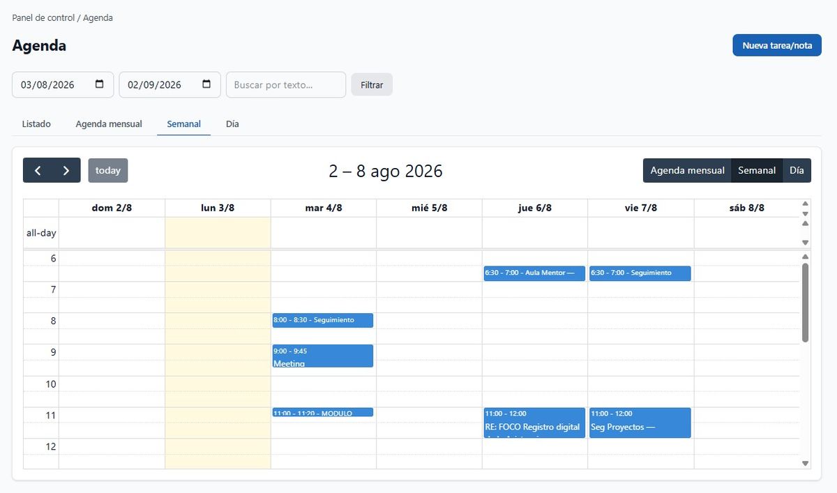 Agenda semanal del servicio con vistas semanal, mensual y día