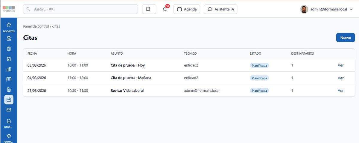 Pantalla real del producto — el listado de citas con su estado