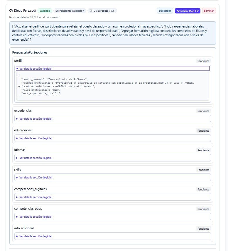 Pantalla real — análisis del CV contra ESCO con mejoras propuestas (datos de demostración)