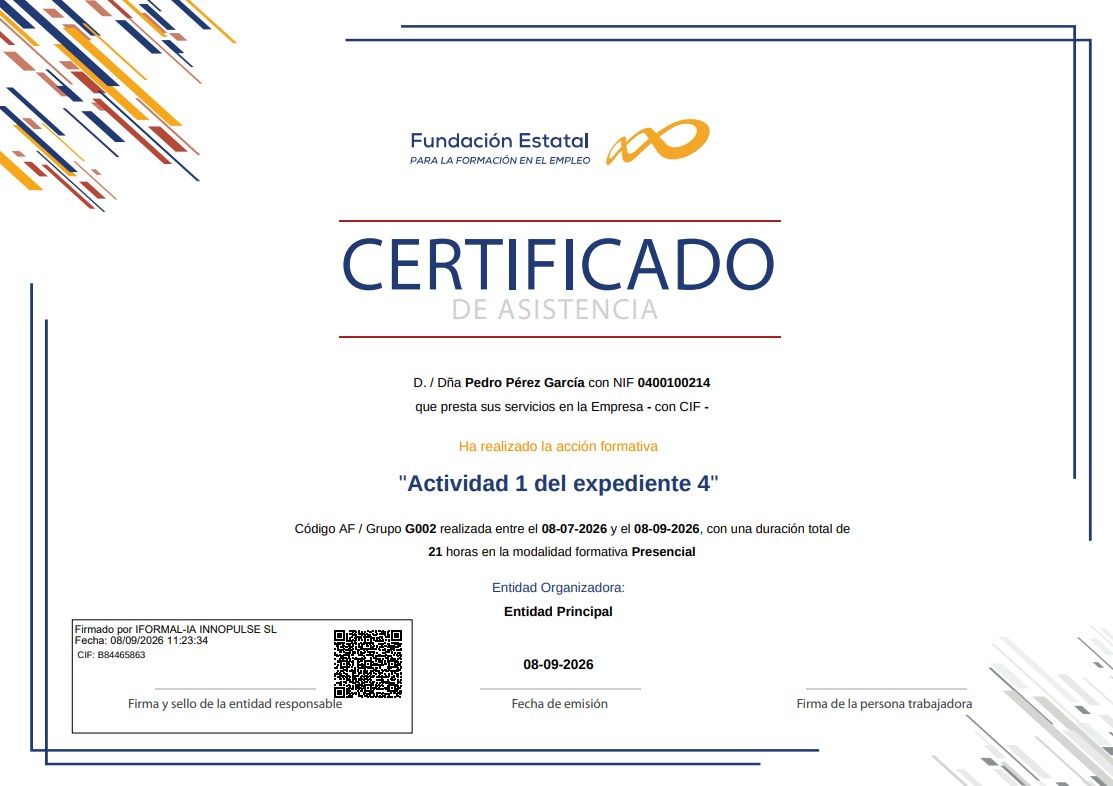 Certificado de asistencia emitido por la plataforma, firmado electrónicamente por la entidad y con QR de verificación (datos de demostración)
