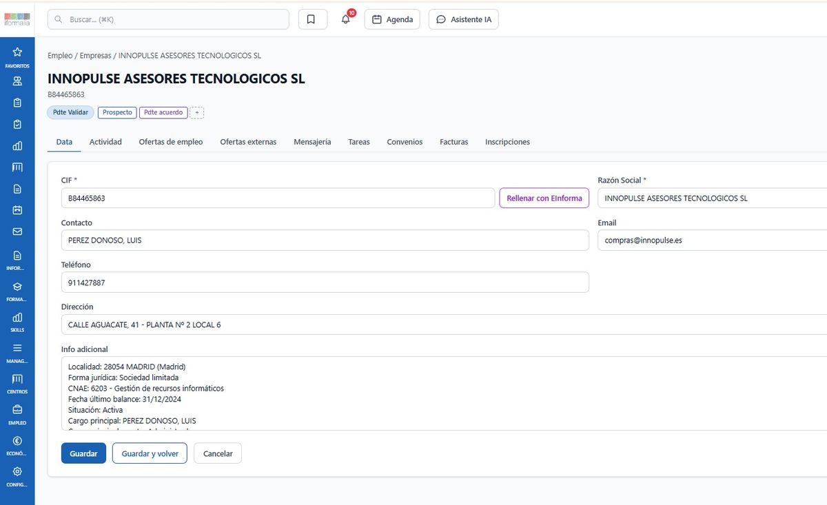 Pantalla real — alta de empresa con datos oficiales de eInforma (datos de demostración)
