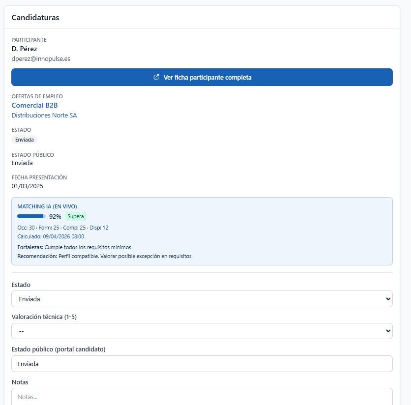 Pantalla real — el detalle del matching por competencias (datos de demostración)