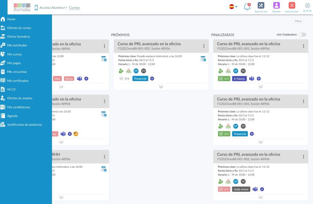 Pantalla real del producto — el portal con los cursos en curso y finalizados