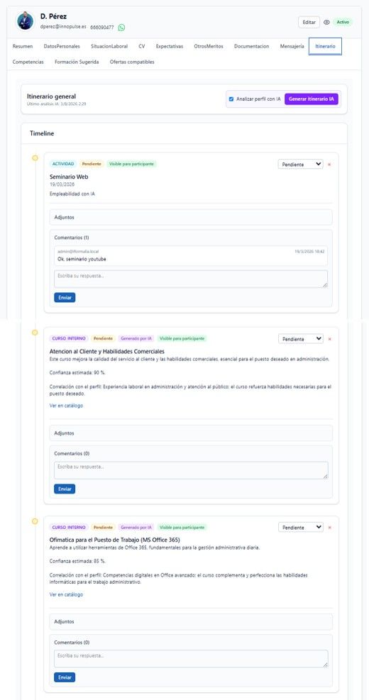 Pantalla real — el itinerario del participante (datos de demostración)