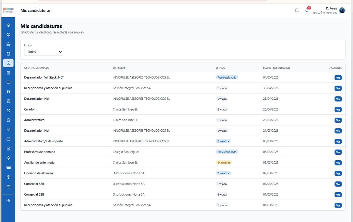 Pantalla real — las candidaturas del alumno en su portal (datos de demostración)