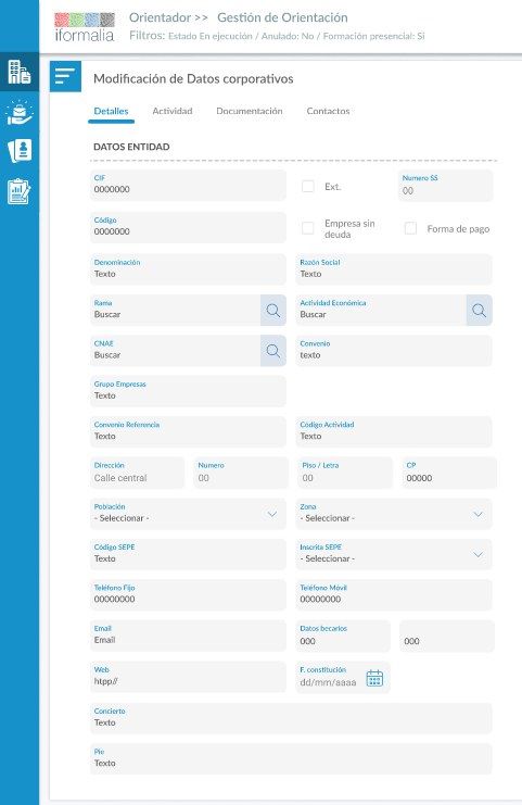 Pantalla real del producto — la ficha de configuración de una entidad