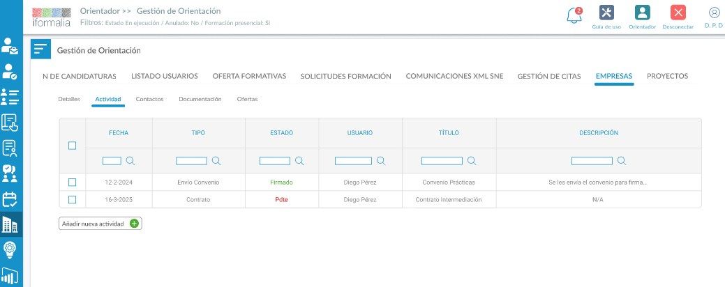 Pantalla real del producto — actividad y convenios con la empresa colaboradora