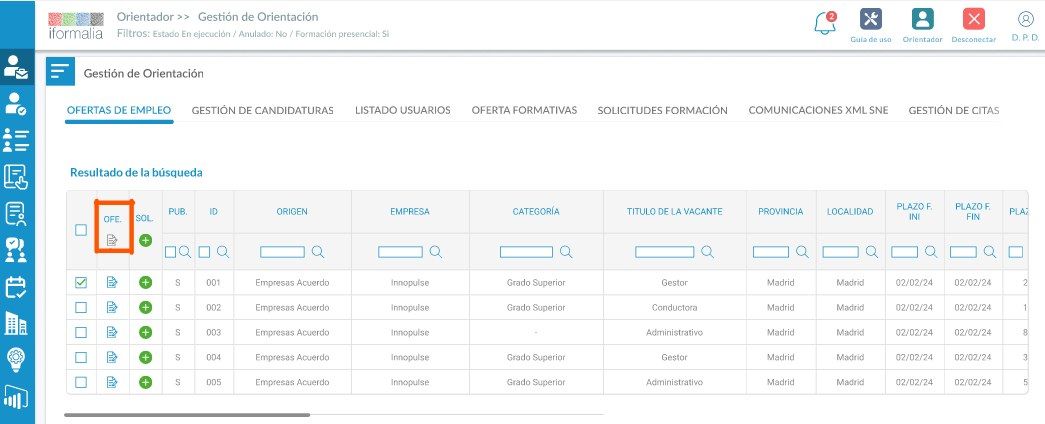 Pantalla real del producto — resultado de búsqueda de ofertas y su vinculación