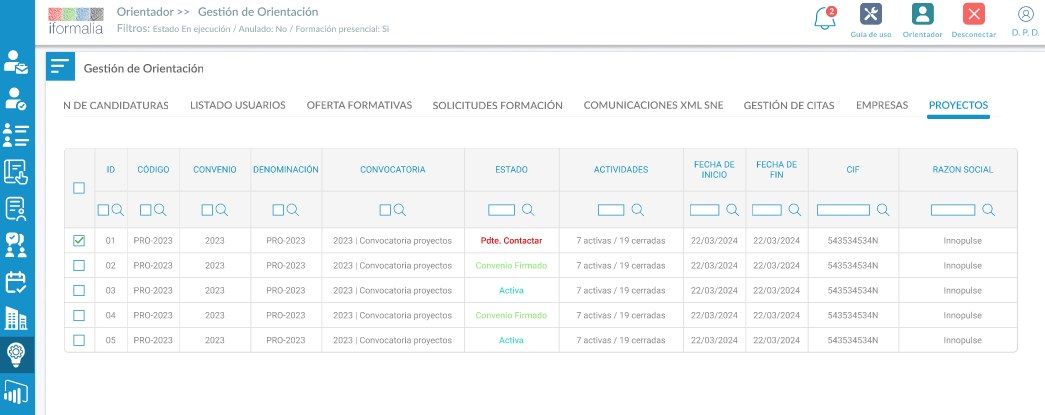 Pantalla real del producto — convocatorias y proyectos con su estado